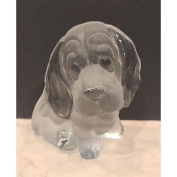 Viking Frosted & Clear Glass Bassett Hound Beagle Dog Figurine Paperweight 4.75" - Picture 1 of 9